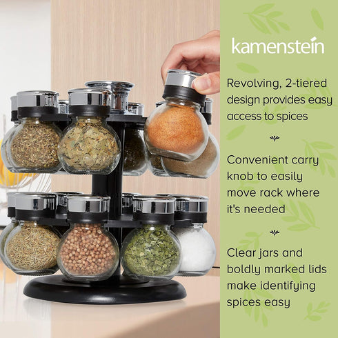 16 Countertop Kamenstein Ellington Jar Revolving Spice Rack with Prefilled Spices - Rotating Chrome and Plastic