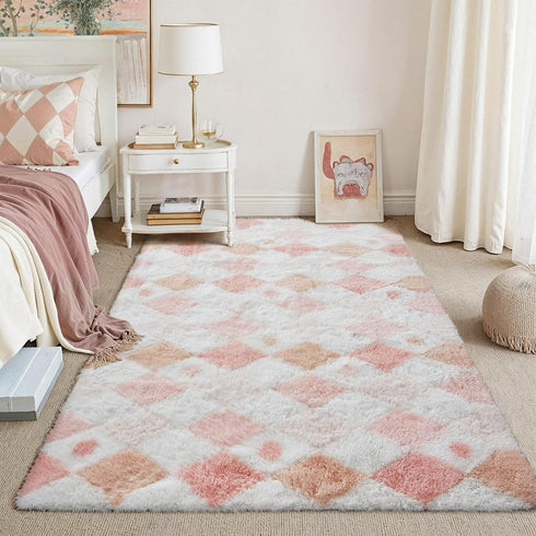PureCozy 4x6 Pink Area Rug for Living Room Washable Non Slip Neutral Soft Bedroom Checkered Carpet Fluffy Modern Shag