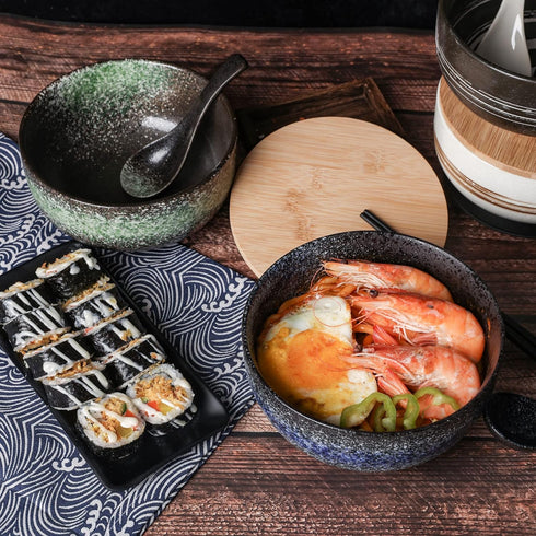 Ceramic Ramen Bowl Set, 38 OZ Japanese Style, Microwave & Dishwasher Safe, Includes Spoon & Chopsticks, Blue
