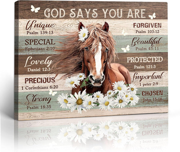 Motivational Horse Decor Wall Art, Farmhouse Daisy Canvas Prints, Framed Modern Artwork for Girls Room, 12"x16"
