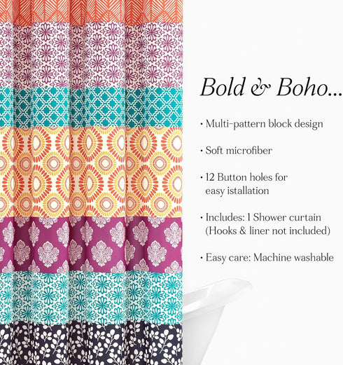 Lush Decor Bohemian Stripe Shower Curtain, 72" W x 72" L, Fuchsia & Orange, Striped Fabric Shower Curtain