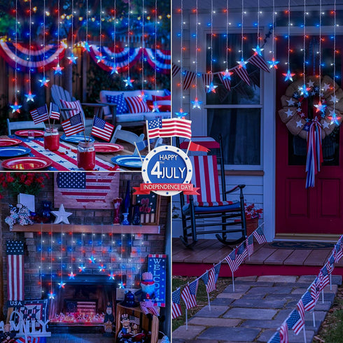 4th Lights,118LED woohaha of July Patriotic Star Icicle Red White and Blue Curtain Window Lights,Connectable Star