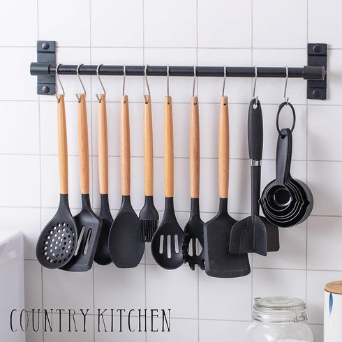 Country Kitchen Cooking Utensils Set - 40 pcs Non-stick Silicone Spatula Set with Holder and Wooden Handles