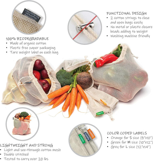 6 Reusable Produce Bags, Organic Cotton Mesh Grocery Bags, Washable, for Vegetables