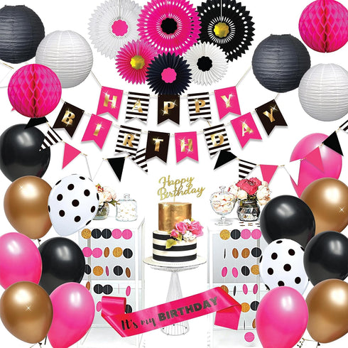 Hot Pink and Black Birthday Decorations, Happy Birthday Banner Garland, Paper Decor, Balloons, Cake Topper, Sash