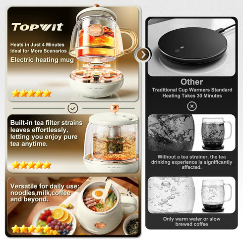 14oz 212F, 110V TOPWIT Electric Travel Kettle, Rapid Heating Up to Temperature Control Heating Coffee Mug Warmer