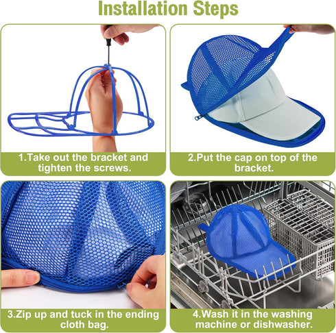 1 Pack Hat Washer Cage for Baseball Caps, Foldable Hat Cleaner for Washing Machine & Dishwasher, Blue