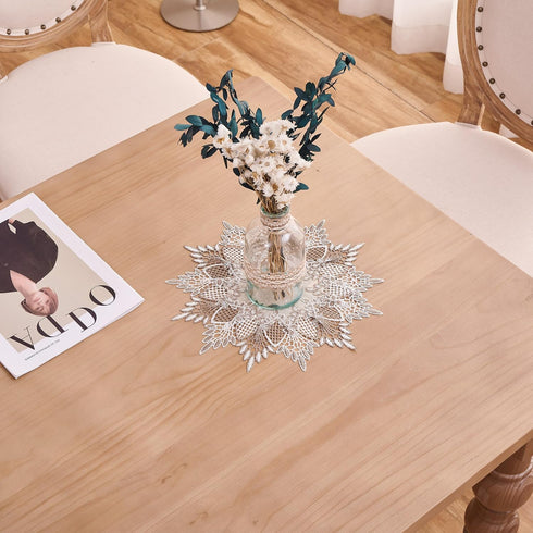 11 inches White Linen Doily Round Neutral Earth Tones Beige Lace Coffee Table Topper Dresser Scarf Place Mats