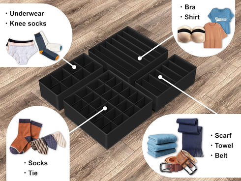 Simple Houseware 4-Pack Drawer Organizer Set, Foldable Non-Woven Storage Boxes for Underwear, Socks, Black