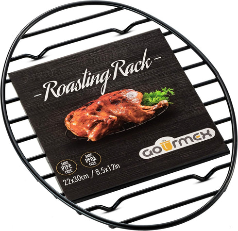 GOURMEX Black Oval Roasting Rack - Stainless Steel Kitchen Rack with Integrated Feet, Non-Stick Coating
