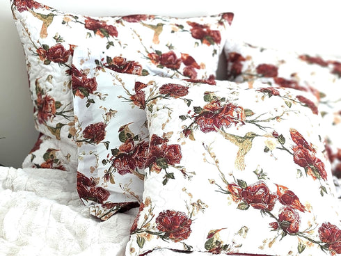 Tache Floral Red White Euro Sham, 26 inch Quilted 1pc Rose Garden Hummingbirds Microfiber Square Pillow Cover