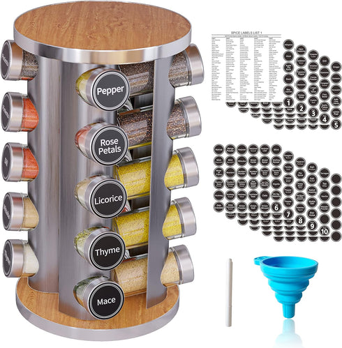 Revolving Spice Rack Set with 20 Spice Jars, Kitchen Spice Tower Organizer for Countertop or Cabinet, Includes 386