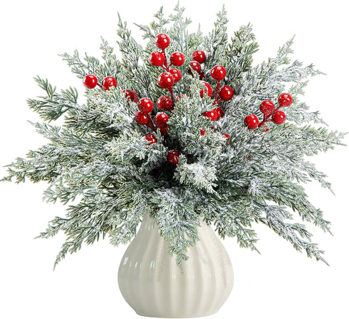 Watayo 60 Pcs Artificial Christmas Snow Pine Branches with Red Berry Stems, Snowy