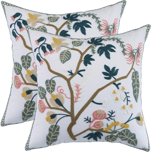 Embroidered Decorative Throw Pillow Covers, 18x18 Inch Pack of 2, Farmhouse Spring Tree Flower Pillowcase