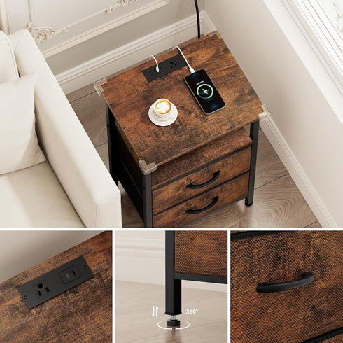24.2" Vagusicc Nightstand with Charging Station, Small Night Stand with Fabric Drawers for Bedroom, End Table, Bedside