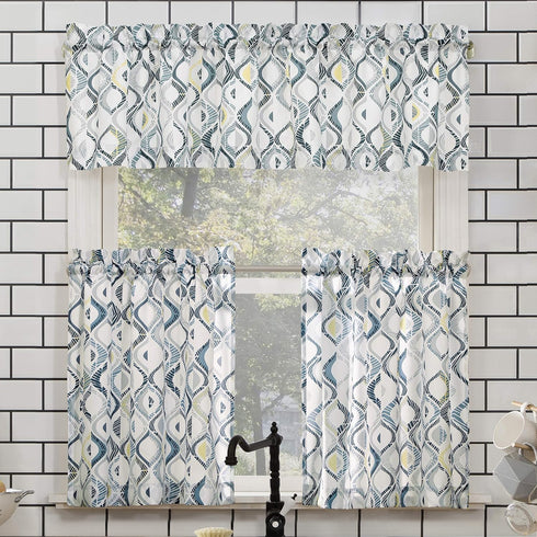 No. 918 Barker Geometric Semi-Sheer Rod Pocket Kitchen Curtain Valance and Tiers Set, 54" x 36", White