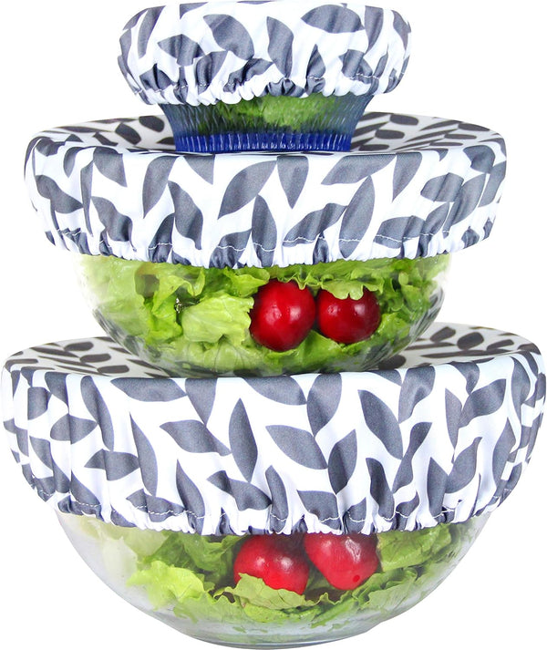wegreeco Elastic Reusable Bowl Covers, Set of 3, Grey Leaf