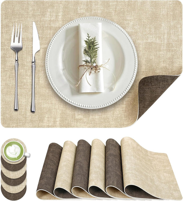 Fyvva Placemats Set of 6, Faux Leather Heat Resistant Wipeable Placemats, Dual