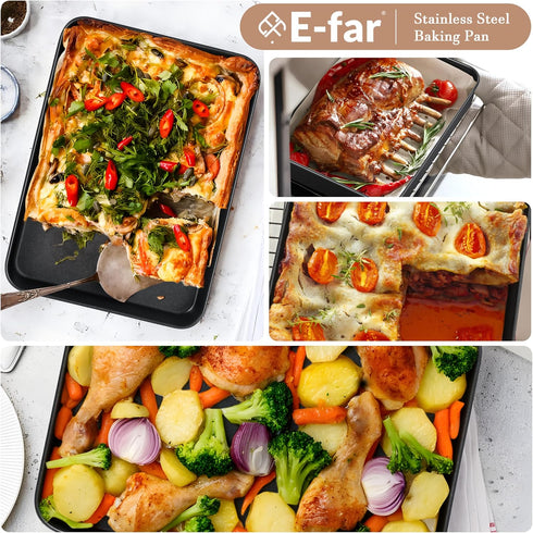 E-far 9 x 13 Inch Baking Pan, Nonstick Stainless Steel Rectangle Cake Pan for Baking Brownies, Casseroles, Lasagna