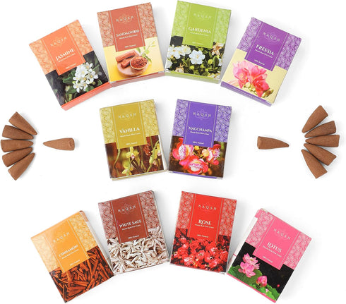 Premium Masala Back Flow Cones, NAQSH Natural Incense Cones Assorted 10 Fragrances, 8 Cones Each