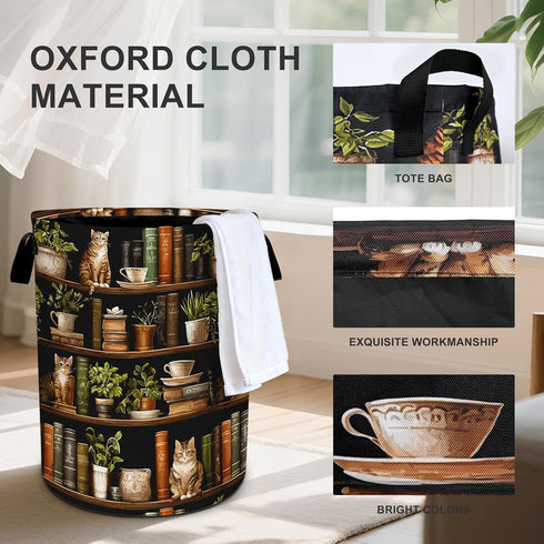 19.6x15.7 Inch Wooden Bookshelf Cat Laundry Basket Storage Bin Foldable Laundry Hamper Clothes Storage Bucket Organizer