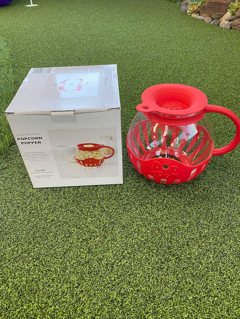 Microwave Popcorn Popper | Borosilicate Glass | 3 in 1 Lid | Silicone Exterior & Lid for Secure Grip | 1.50 Quart Red