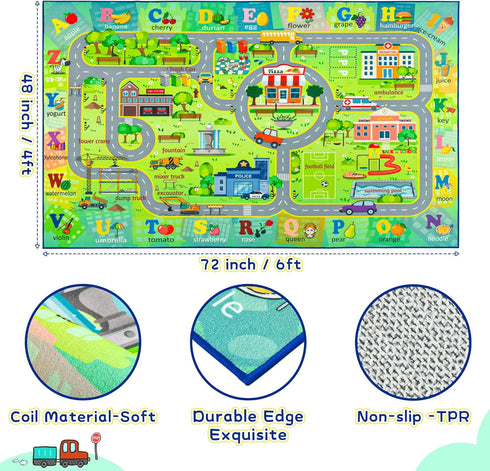 4x6 Chicrug Car Road Area Rug for Kids Playroom Bedroom, Non Slip Low Pile Washable ABC Alphabet Carpet for Classroom