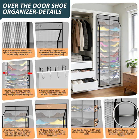 Kotkn 24-Pair Over Door Shoe Organizer for Family & Kids, Double Sided | Hanging Storage for Sneakers, Boots, Toys