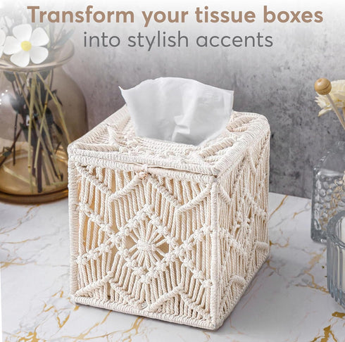 Tissue Box Cover Square Woven Macrame, Boho Decor Tissues Holder with Bead Buckle for Home, Bathroom, Office