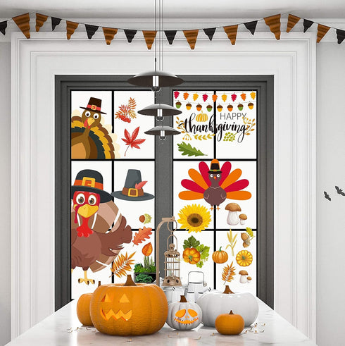 Thanksgiving Window Clings Stickers - Fall Decorations Holiday Turkey Cling for Home Party, 113 PCS
