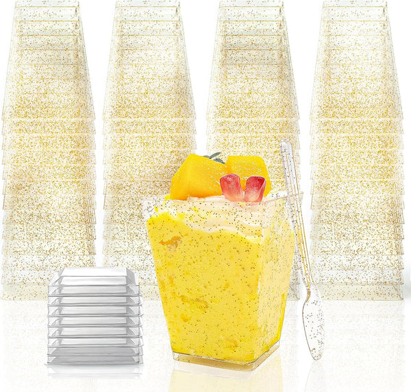 180 Pack Gold Glitter Dessert Cups with Lids and Spoons 5Oz Plastic