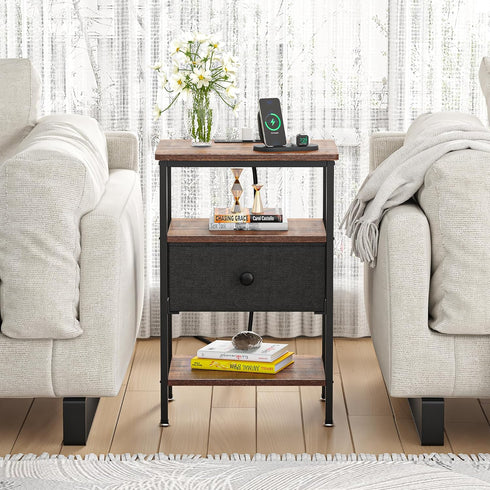 VECELO Nightstand with Charging Station,Bedside Table with Storage Shelf&Fabric Drawer,End Tables for Bedroom,Living