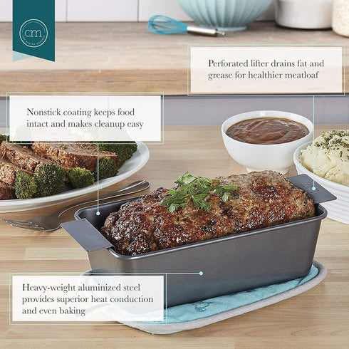 Chicago Metallic 2-Piece Healthy Meatloaf Pan, Professional Grade Non-Stick Carbon Steel, 12.2 inch
