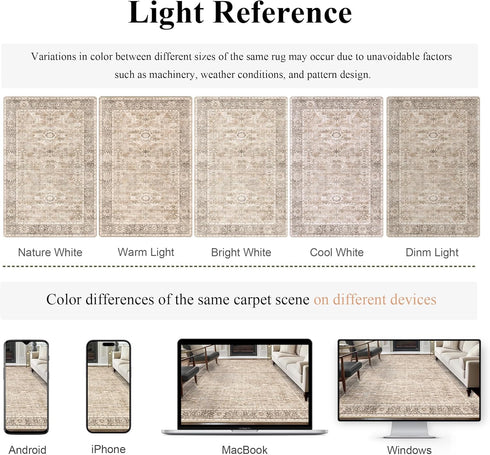 5x7 Beige Washable Rug for Living Room Large Vintage Distressed Bedroom Rug Low Pile Non-Slip Soft Boho Carpets