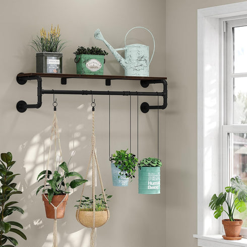 Industrial Pipe Clothes Rack with Top Shelf and 3 Hooks, 41''L Wall Mounted Heavy Duty Iron Garment Rack