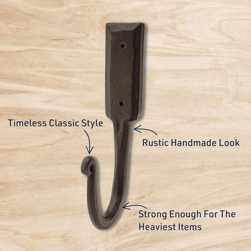Kings County Tools Hand-Forged Iron Wall Hook - Large Size 6-1/2”, Rustic Look, Elegant Tapered Curl