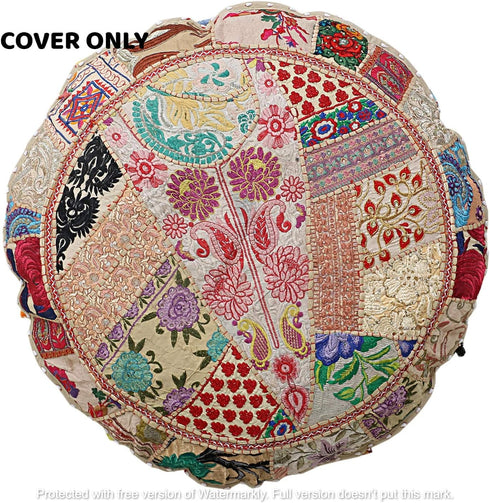 GANESHAM Vintage Indian Handmade Bohemian Patchwork Cotton Foot Stool, Round Floor Pillows & Cushion Cover (White, 32
