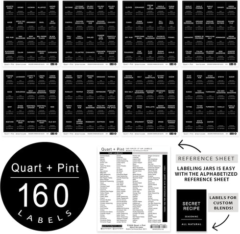 160 Spice Jar Labels, Minimalist Matte Black Stickers for Kitchen & Pantry Organization