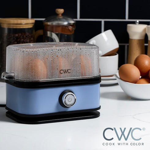 COOK WITH COLOR: 210 Watt Egg Cooker - 6 Egg Capacity with Rapid Cook Time, Auto Shut Off, and Measuring Cup.