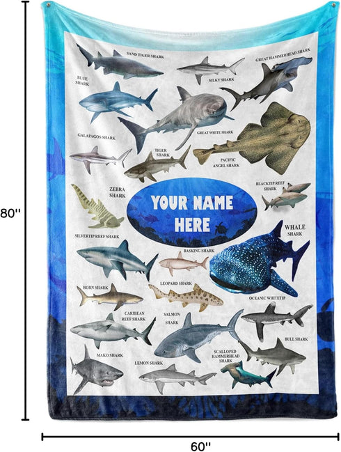 60x80) Personalized Shark Blanket for Kids - Ships Next Day and Made in USA - Soft Fleece Throw Bed, Cute Room Decor