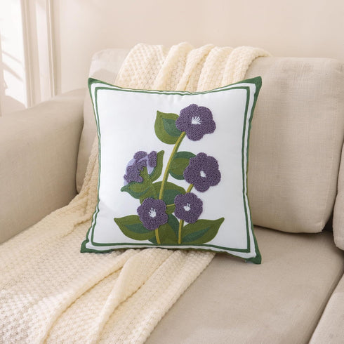 Embroidered Throw Pillow Covers 18x18 Inch Set of 2 Purple Flower with Green Leaves Spring Pillowcases, Square Pillow Cushion for Living Room Sofa Bed