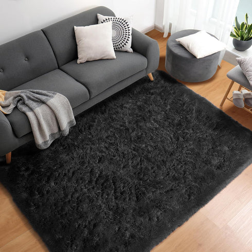 Black Machine Washable 3x5 Rug for Bedroom, Fluffy Non Slip Plush Small Shaggy Floor Carpet