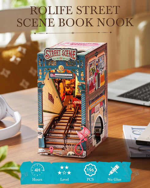 Sunset 3D Rolife DIY Book Nook Kits Street Scene, Endless Stairs Bookshelf Decor Wooden Puzzles for Adults, DIY