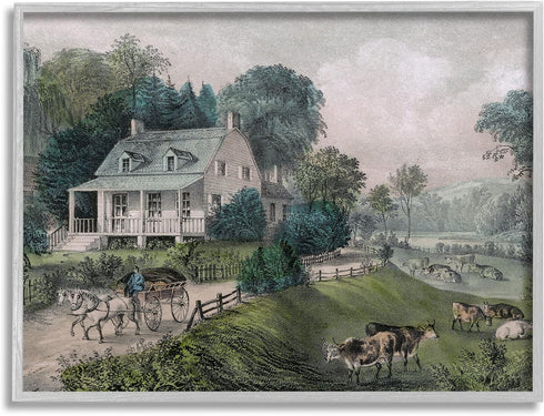 Stupell Industries Classic Countryside House Painting, Roaming Farm Animals Framed Wall Art