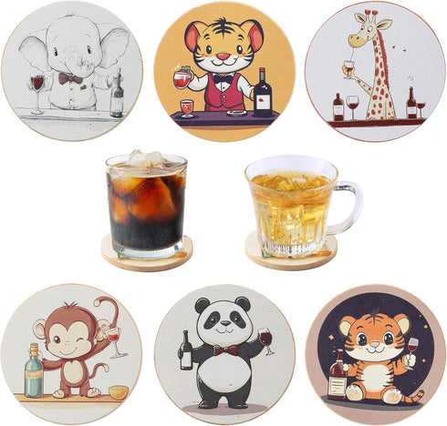 JINLIFA Coasters Set of 6, Natural Bamboo Cute Drink Cup Coasters Set for
