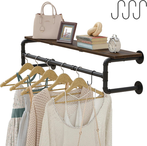 Industrial Pipe Clothes Rack with Top Shelf and 3 Hooks, 41''L Wall Mounted Heavy Duty Iron Garment Rack