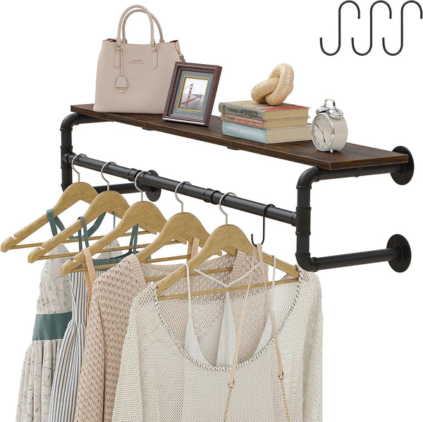 Industrial Pipe Clothes Rack with Top Shelf and 3 Hooks, 41''L Wall Mounted Heavy Duty Iron Garment Rack