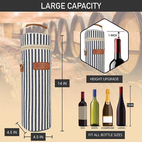 opux Insulated Wine Bag, Single Bottle Carrier Tote with Shoulder Strap for Travel, Picnic, Beach, Navy White Stripes
