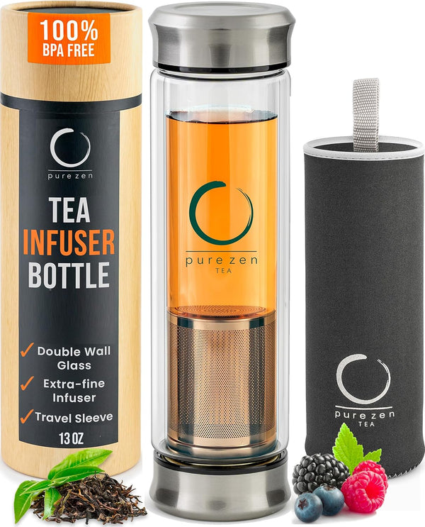 Pure Zen Tea Tumbler with Infuser - Double Wall Glass Travel Mug