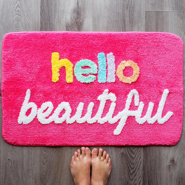 Evovee Hello Beautiful Bath Mat, Cute Bathroom Rugs for Girls, Funny Shower Decor, Non-Slip Washable Dark Pink